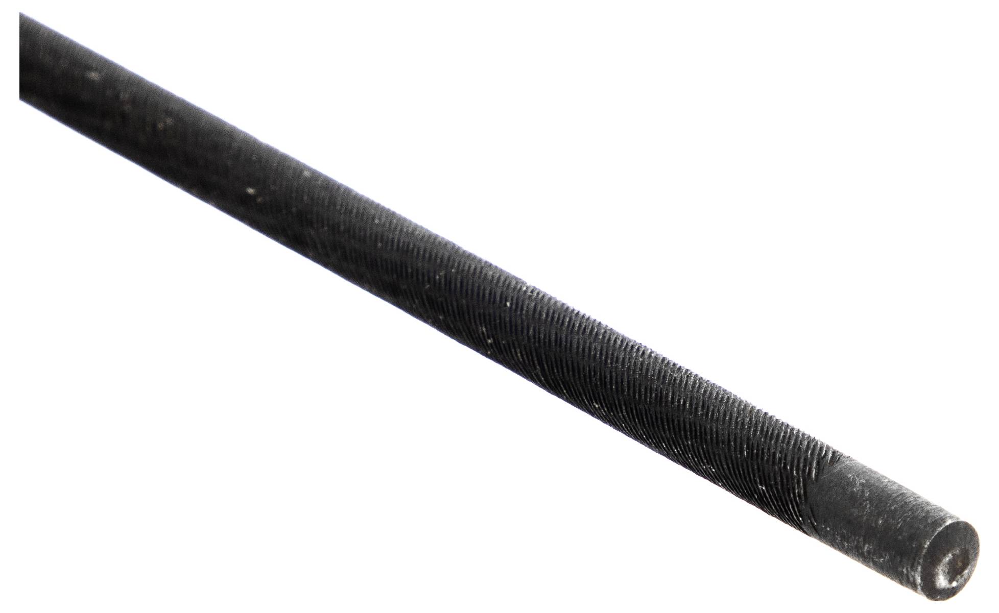 A black, cylindrical rod with a textured surface, showcasing slight ridges along its length.