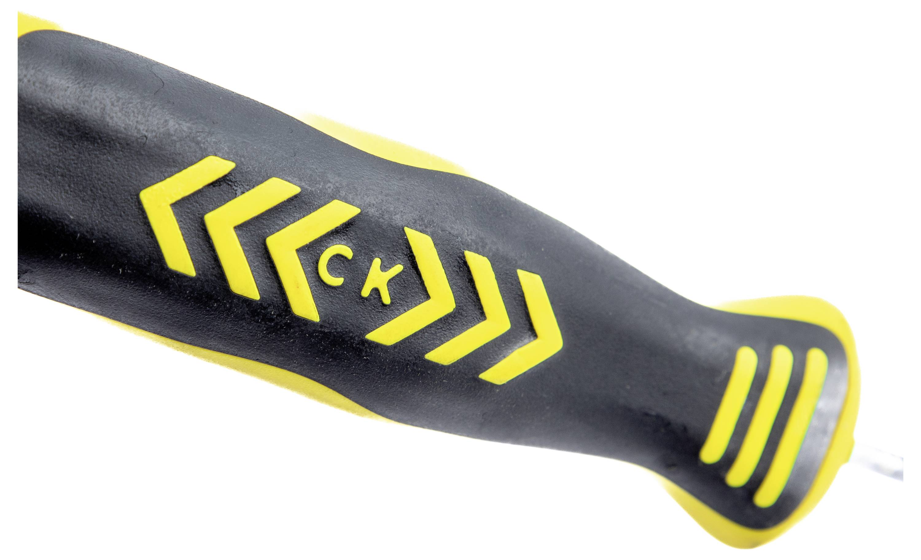 Handle of a screwdriver featuring the initials 'CK' and yellow chevron patterns on a black grip, suggesting ergonomic design.