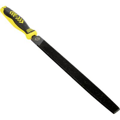 A black and yellow-handled flat metal file tool with a rectangular, textured filing surface, used for smoothing surfaces and shaping materials.