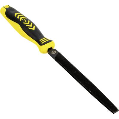 Hand file with Yellow and black handle, flat metal working surface.