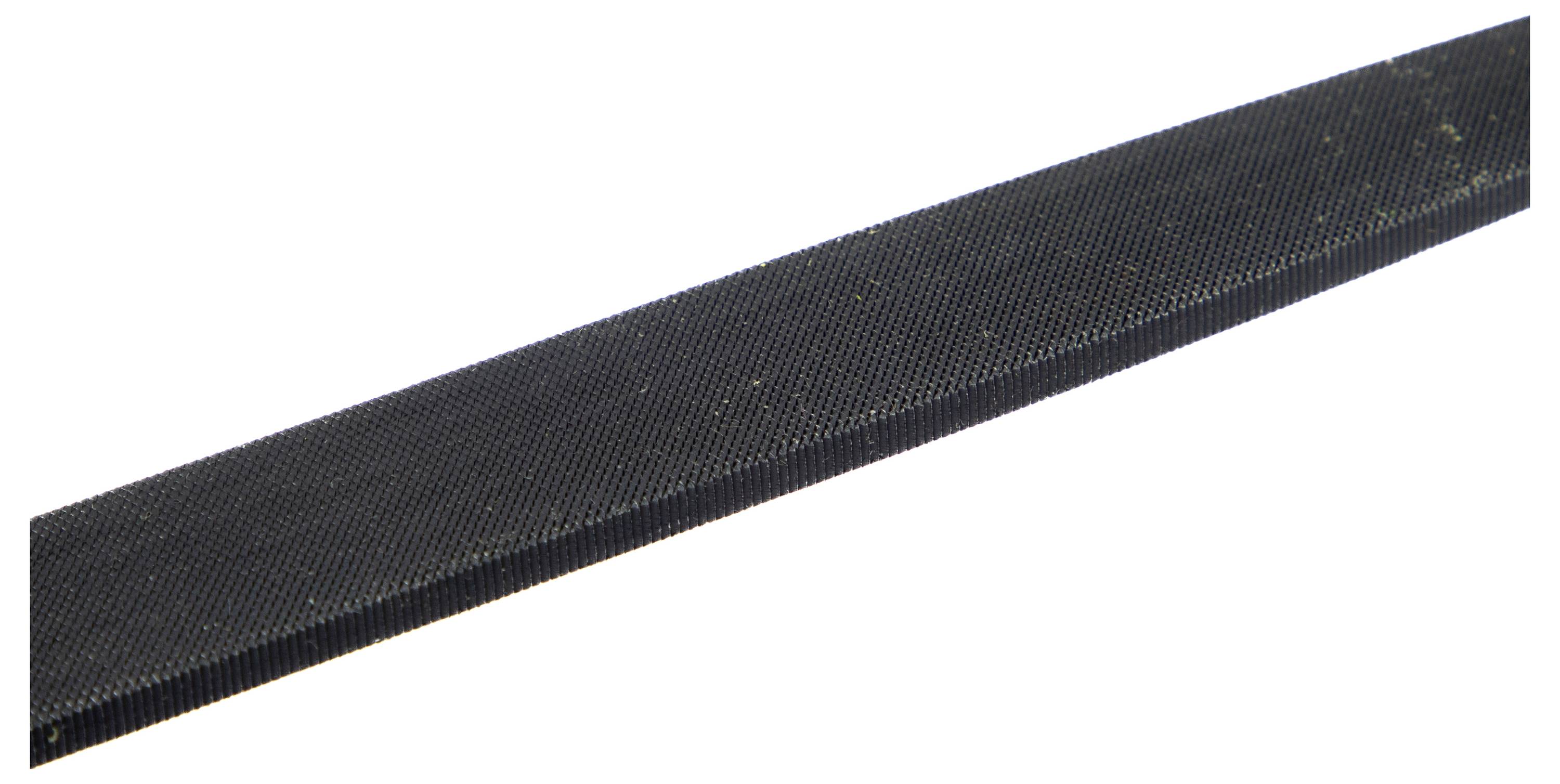 A flat, black metal file with a textured, abrasive surface used for smoothing or shaping materials.