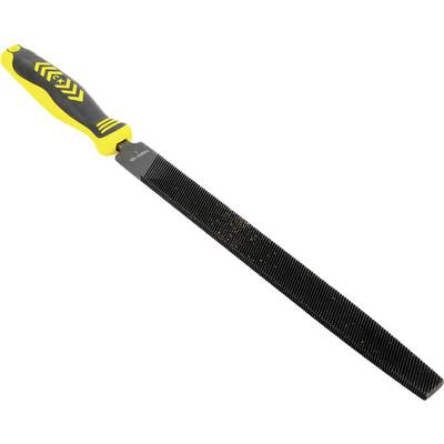A flat hand file with a yellow and black handle, used for smoothing or shaping metal, wood, or plastic surfaces.