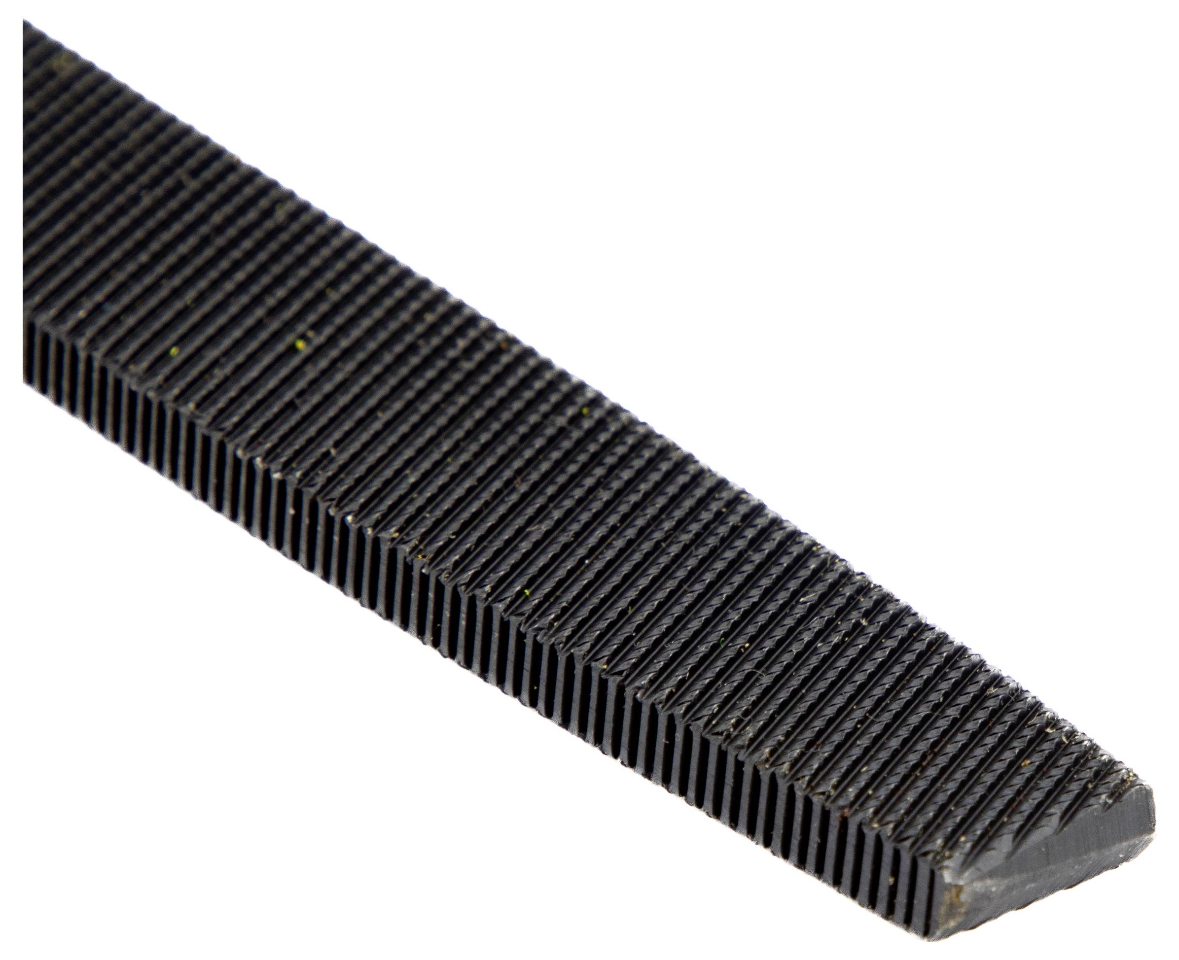 'A close-up view of a metal file, showing its parallel ridges and tapered tip, used for smoothing or shaping metal surfaces.'