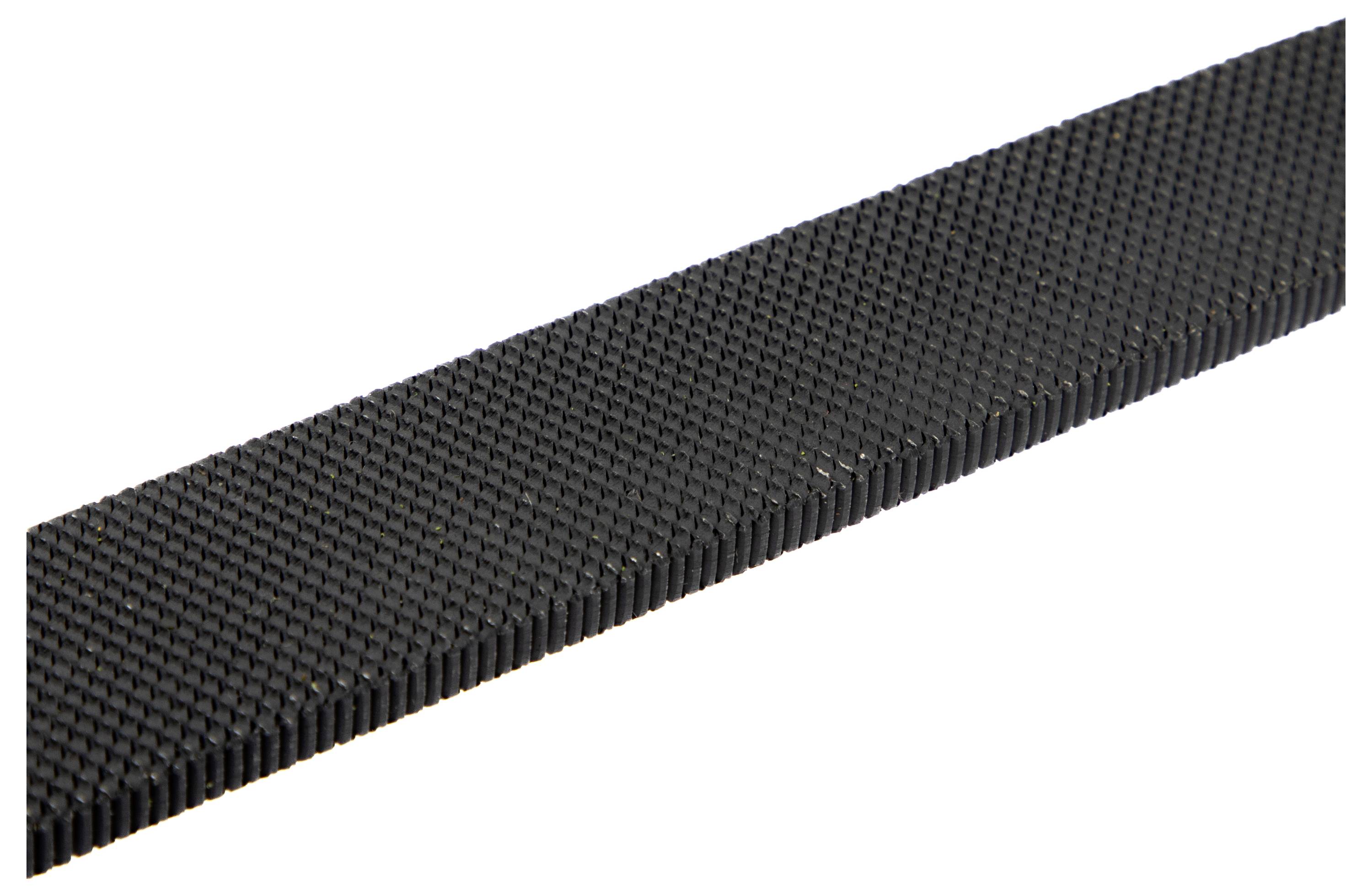 A long, flat metal file with a coarse, textured surface used for shaping materials.