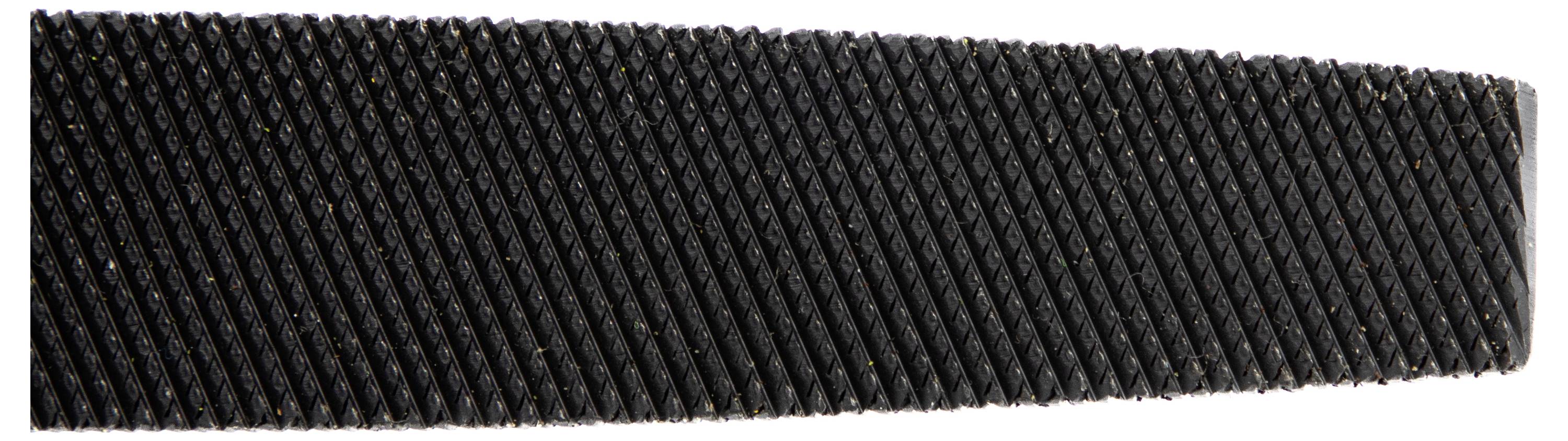 'A close-up of a coarse metal file with diagonal grooves running across its surface, used for shaping or smoothing metal objects.'