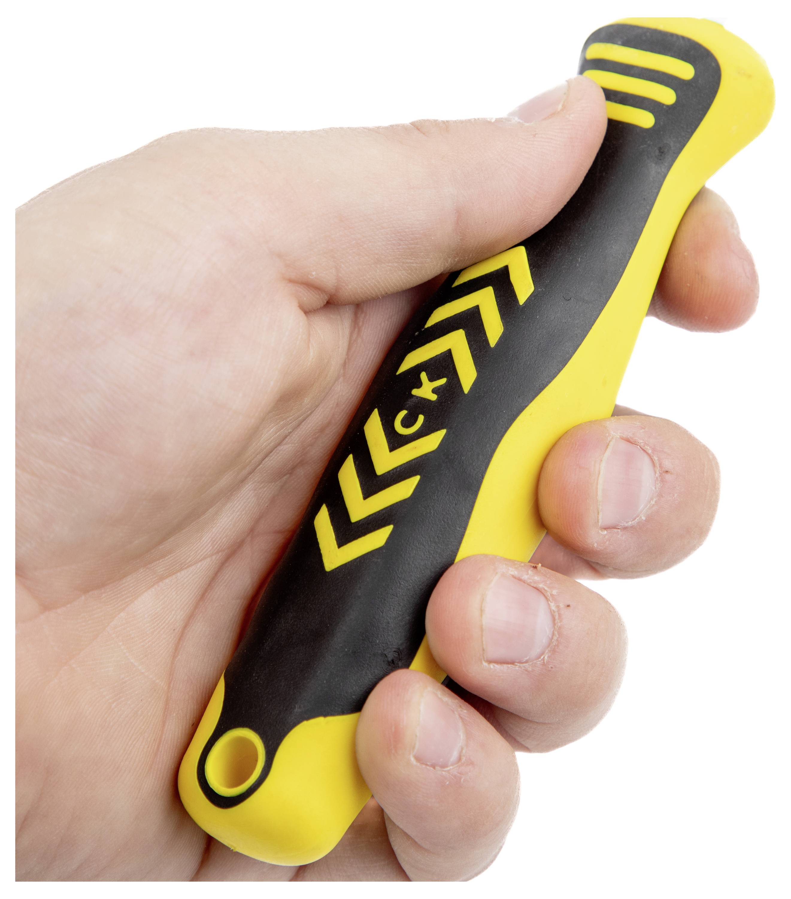 'A hand holding a small, yellow and black grip-strengthening tool with a textured grip and arrows pointing towards one end.'