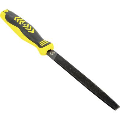 A hand file with a yellow and black handle, used for smoothing edges and surfaces in woodworking or metalworking.