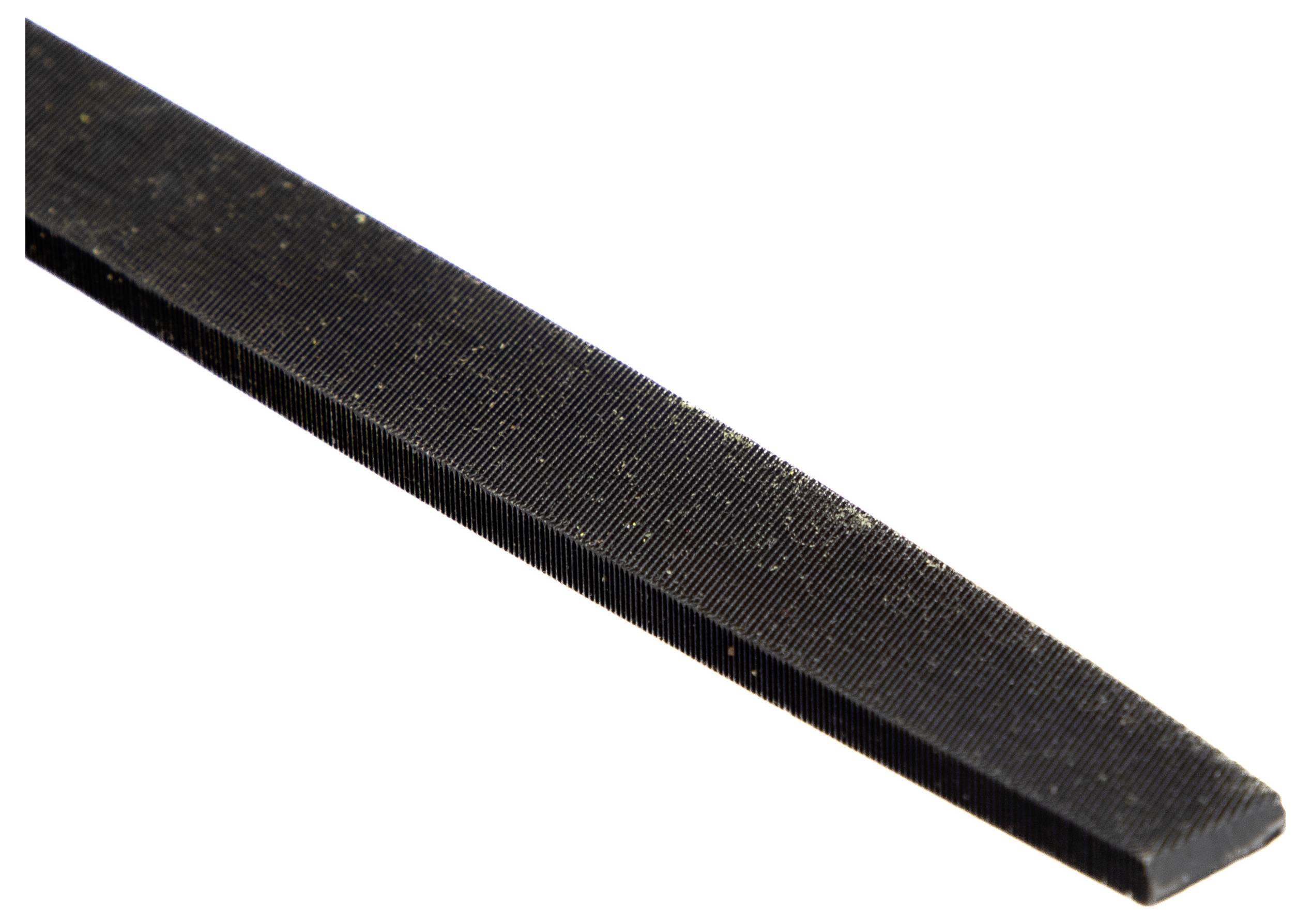 Triangular metal file with fine grooves, used for sharpening or smoothing materials.