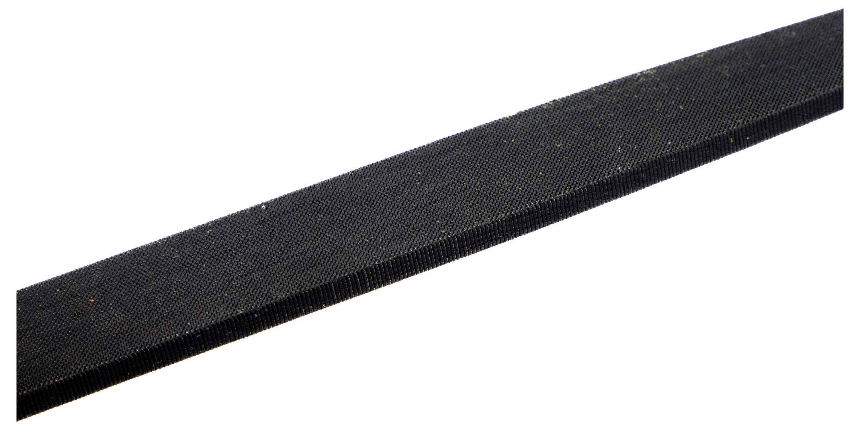 A close-up view of a black abrasive sanding belt, showing its textured surface, used for smoothing and finishing materials.