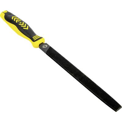 'Yellow and black handled hand file with a rectangular metal blade, used for smoothing surfaces or edges in woodworking or metalworking.'