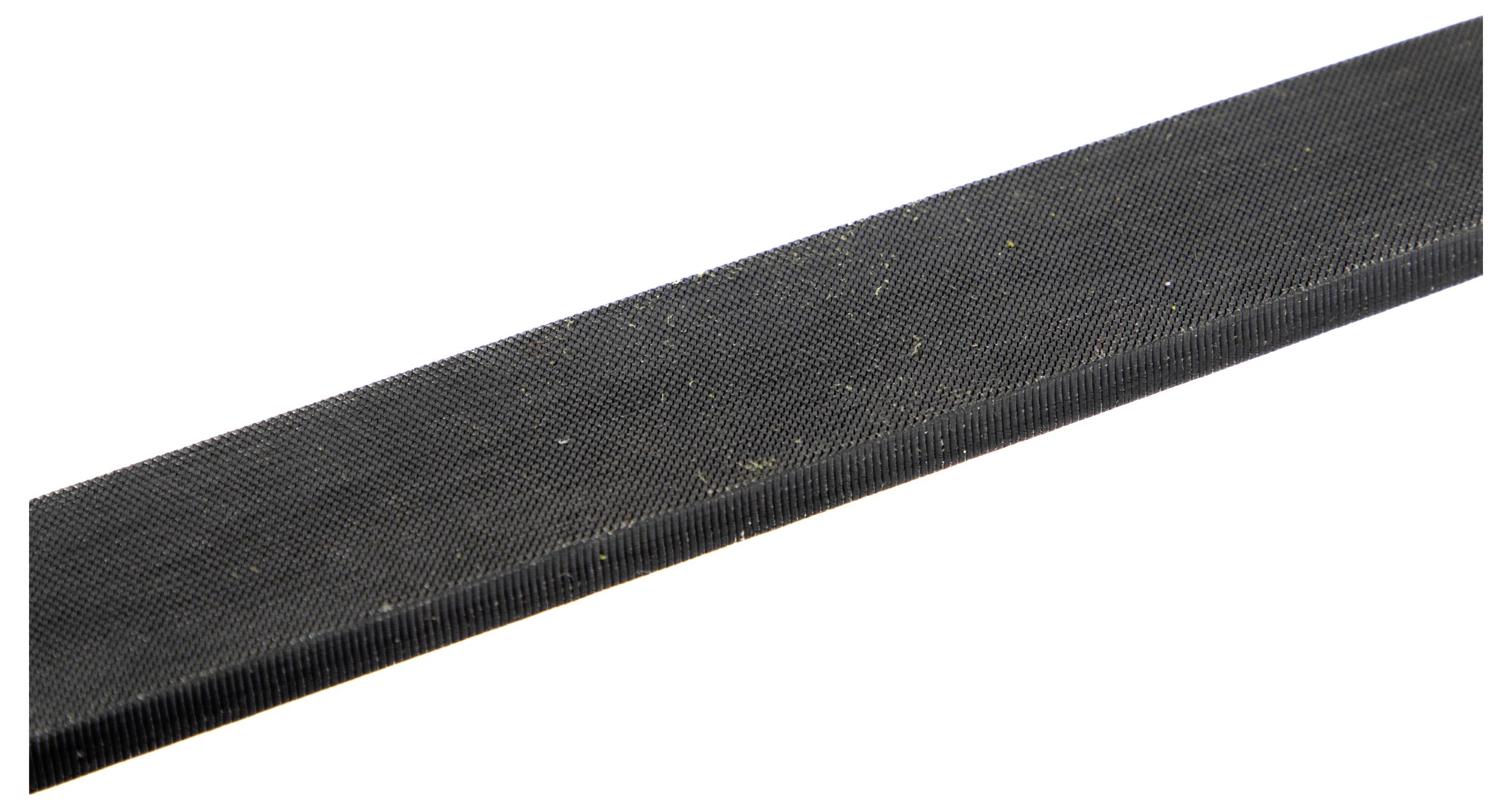 A close-up view of a black metal file with a textured surface, showing fine parallel ridges for smoothing and shaping materials.