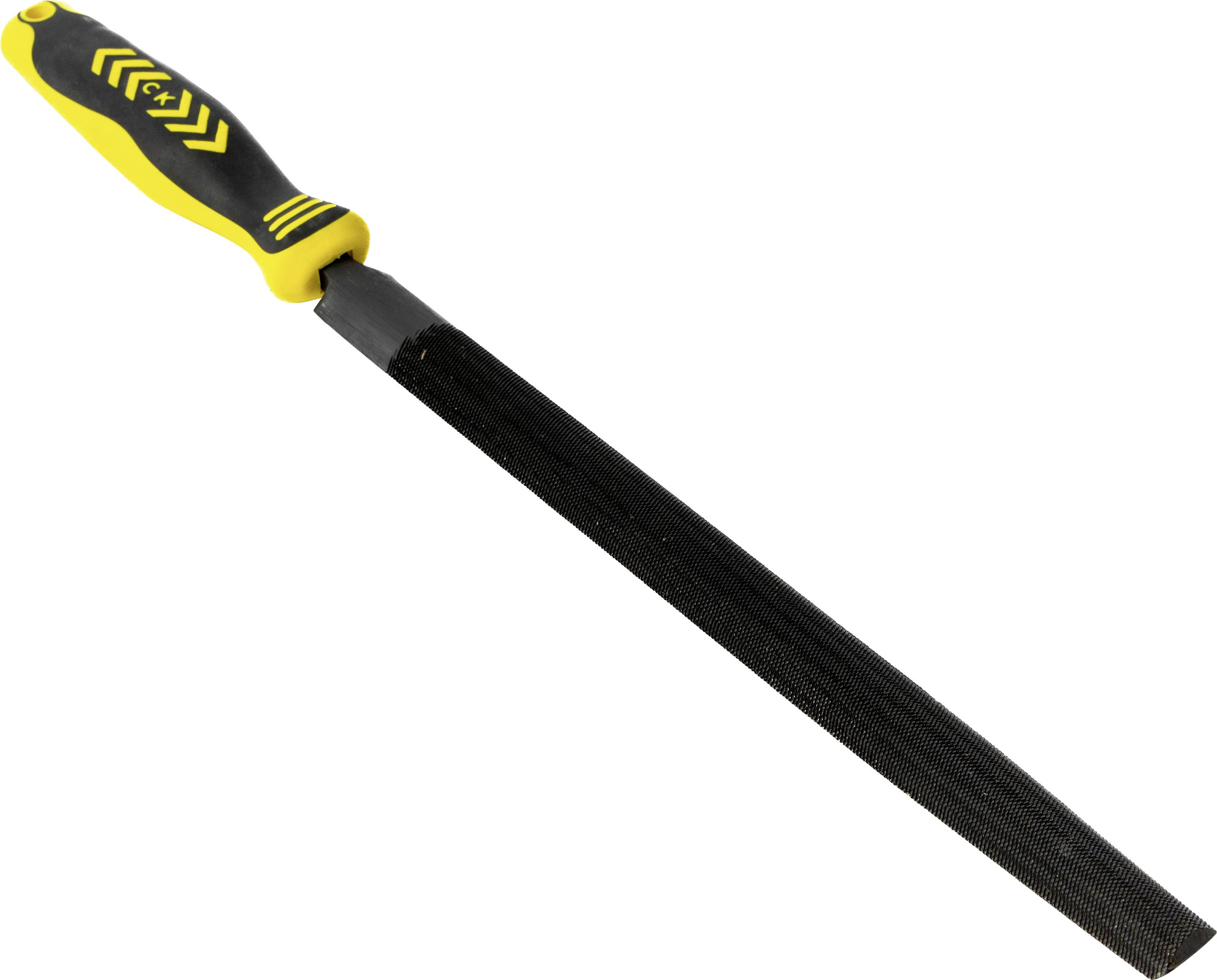 A hand tool with a black and yellow handle attached to a long, textured metal file. The file is designed for smoothing surfaces.