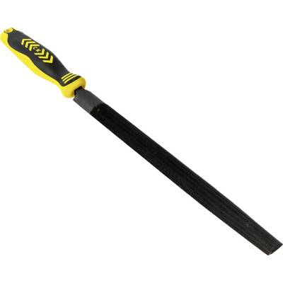 A hand tool with a black and yellow handle attached to a long, textured metal file. The file is designed for smoothing surfaces.