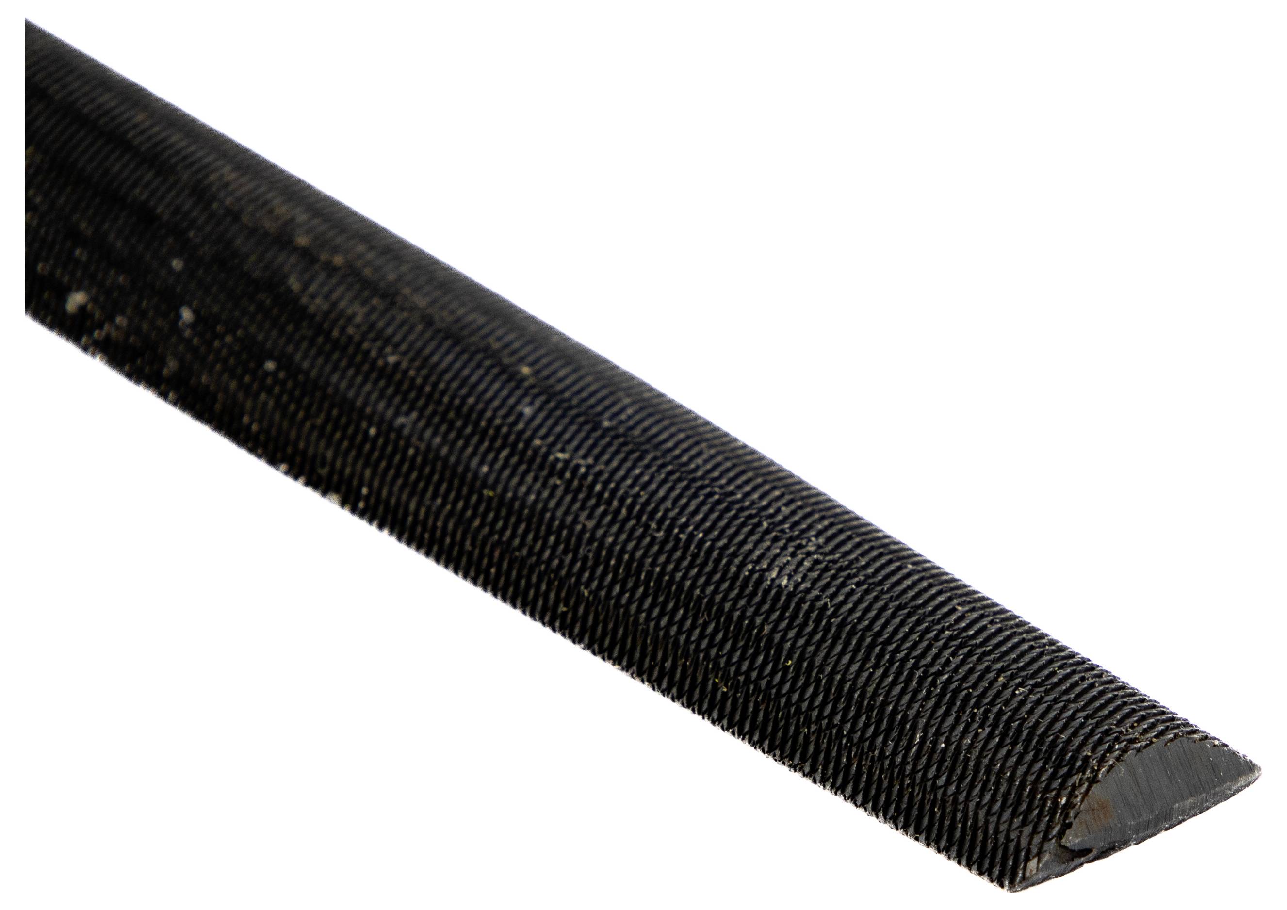 A half-round metal file with a rough surface texture, used for shaping or smoothing materials. It has a flat and a rounded side.