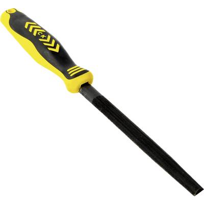 A metal file tool with a yellow and black handle, designed for filing and smoothing surfaces.
