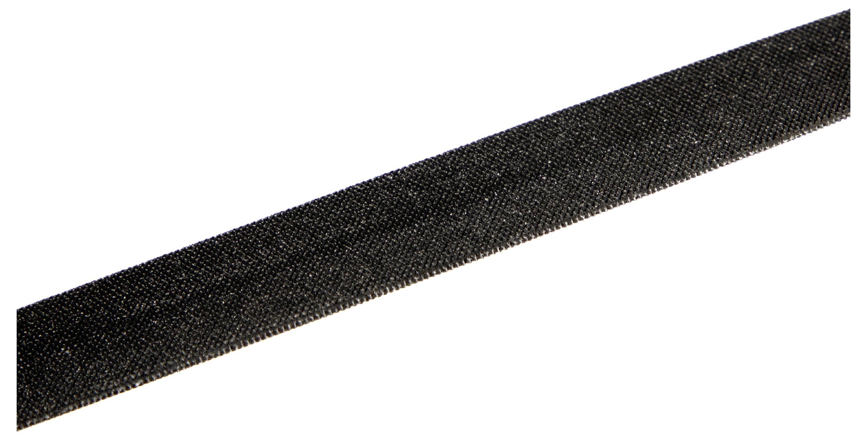 A black strip of rough material, possibly sandpaper or a file, is shown on a plain white background.