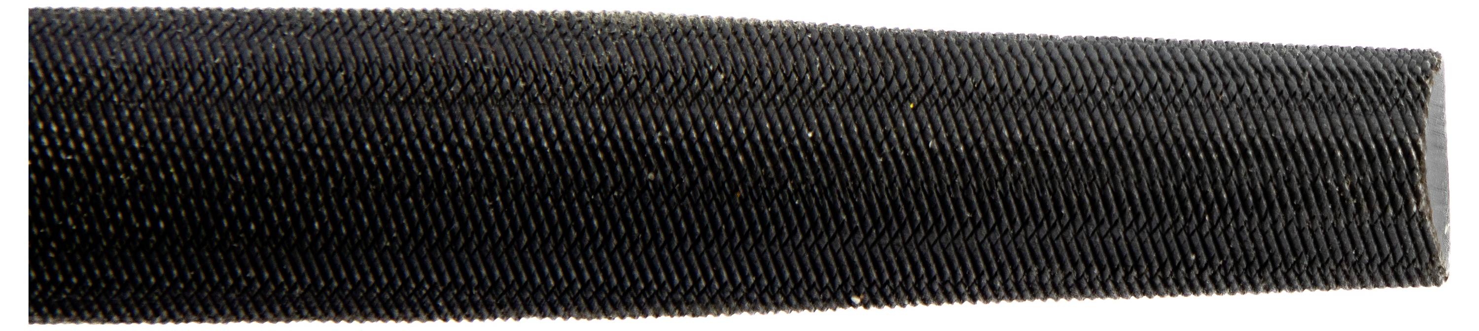 Close-up of a black, textured metal rod with a tapered end, showcasing fine horizontal lines and grooves.