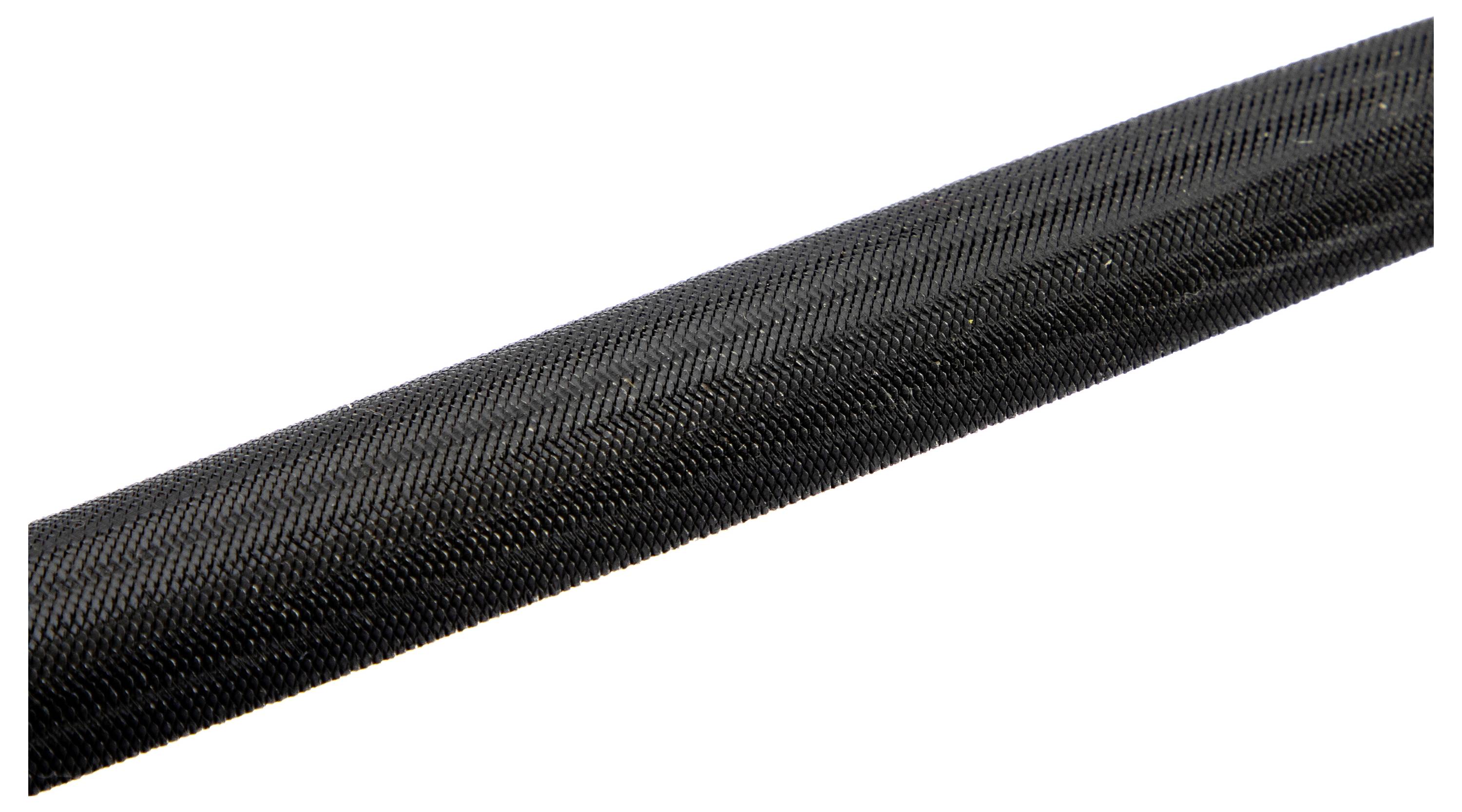 Close-up of a textured black cable wrapped in a braided sleeve, providing protection and a sleek appearance.