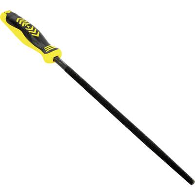 A black and yellow hand file with a textured grip and a roughened filing surface, used for smoothing or shaping materials.