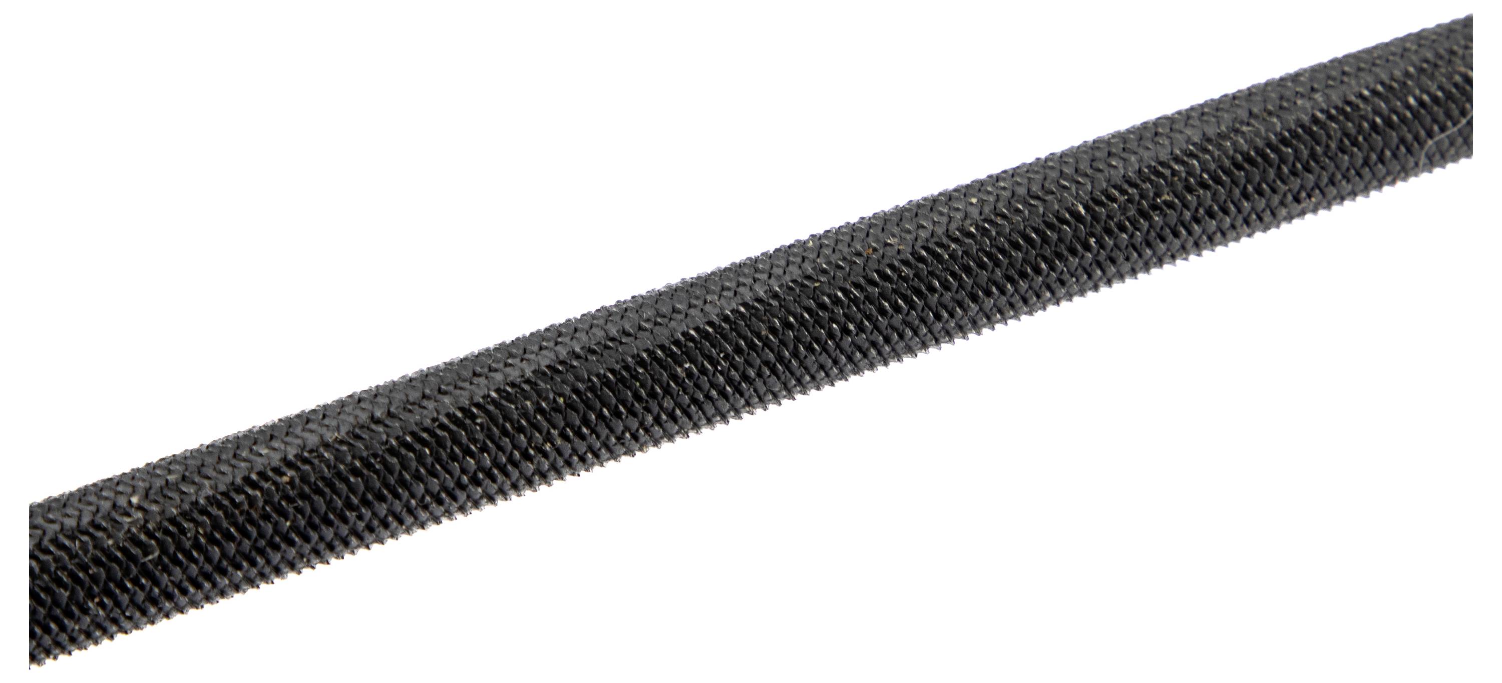 Close-up image of a black industrial-grade file with a textured abrasive surface designed for shaping and smoothing materials.