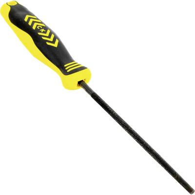 A black and yellow screwdriver with a long metal shaft, featuring an ergonomic handle design.