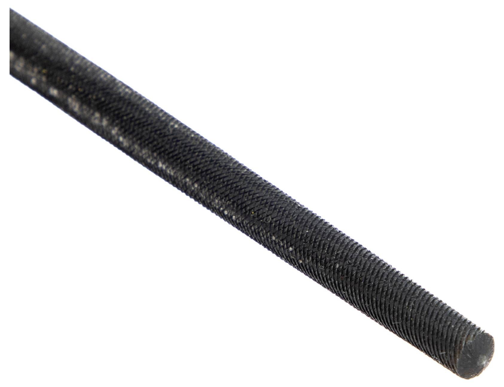 A black threaded rod with a smooth cylindrical shape, showing fine threading detail, used for fastening in construction or mechanical projects.