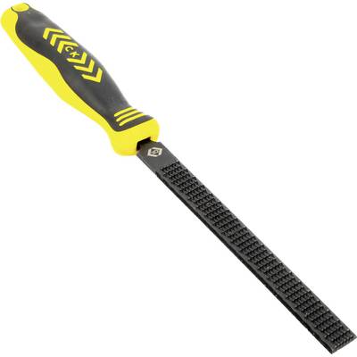 A black and yellow hand file with a handle, featuring a coarse metal surface for smoothing materials.