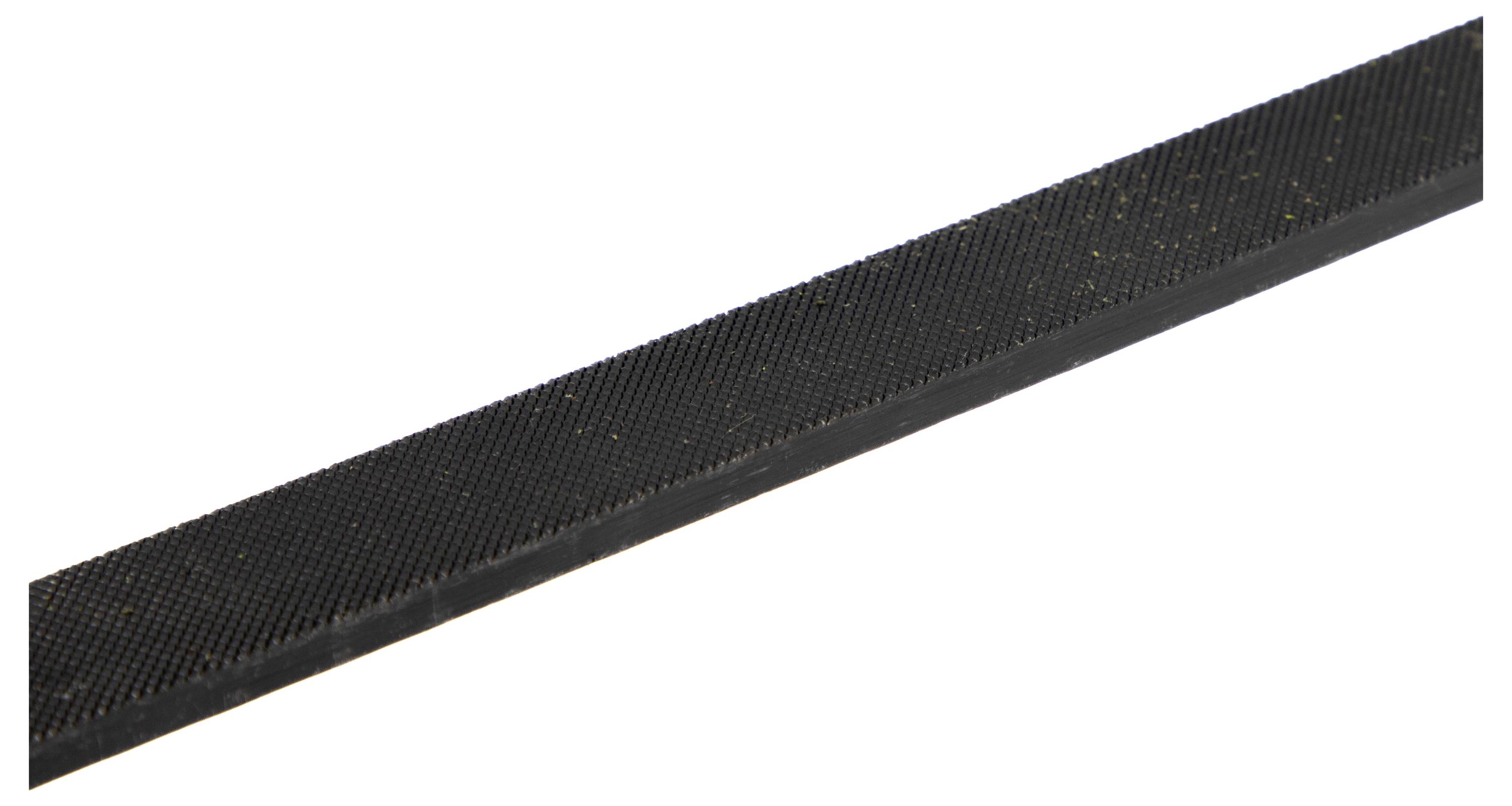 A flat, black metal file with a textured, rough surface used for smoothing or shaping materials.