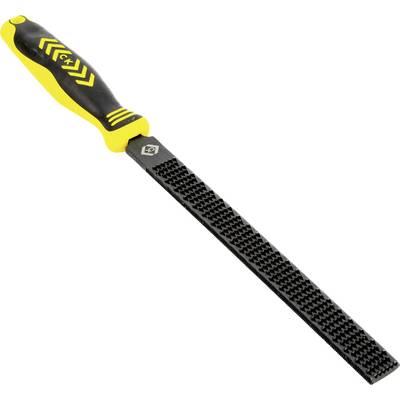 'A black and yellow hand file with a textured blade and ergonomic handle, designed for smoothing wood or metal surfaces.'
