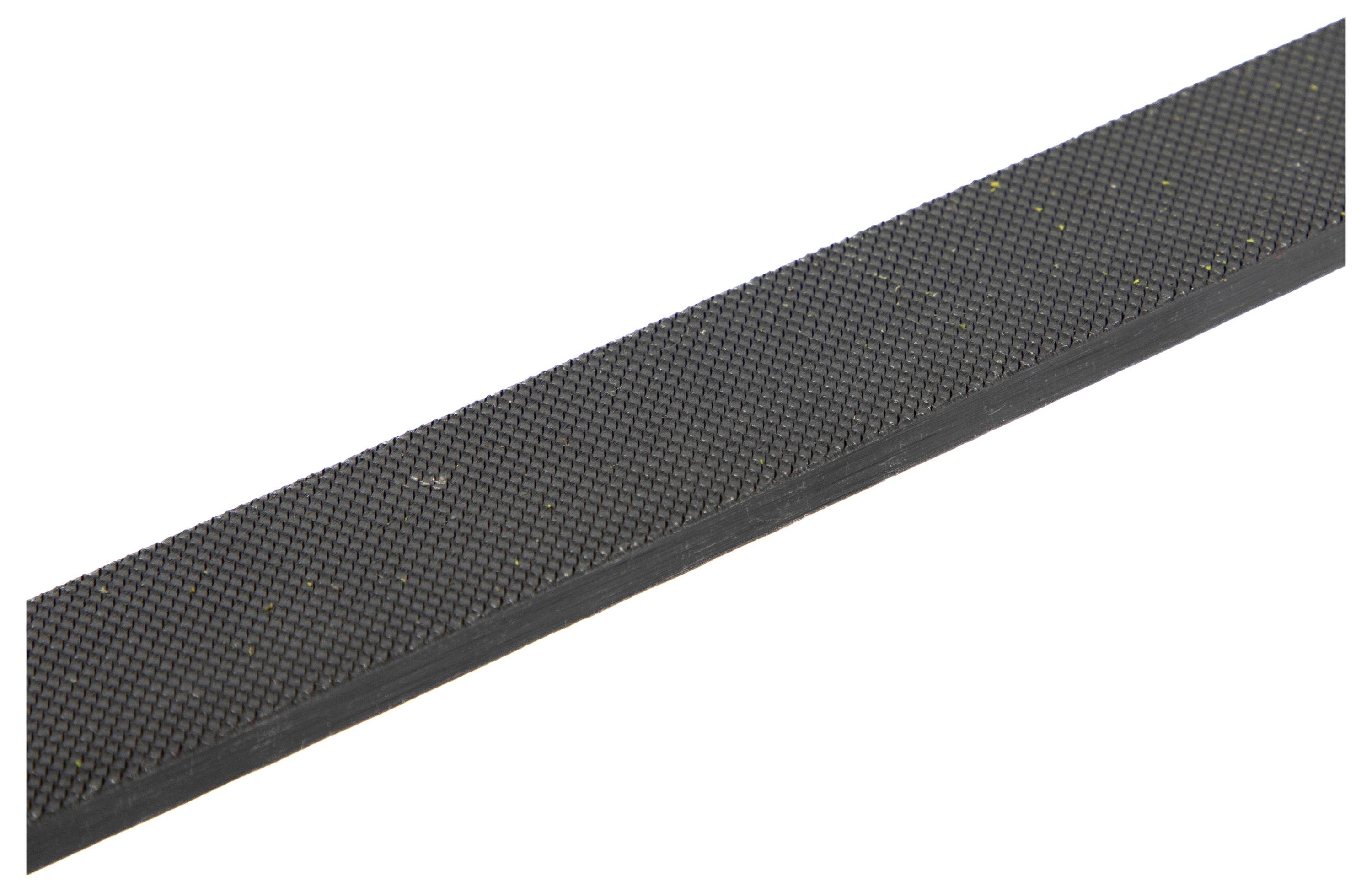 A rectangular metal file with a textured abrasive surface, used for smoothing or shaping materials.