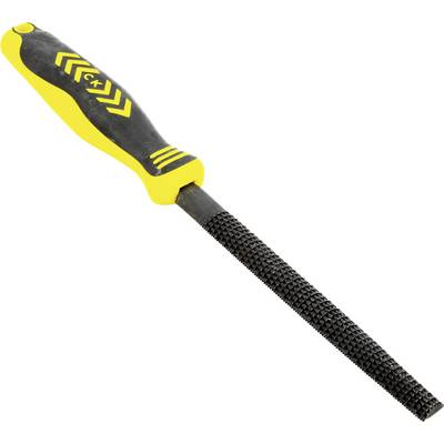 A black and yellow-handled round file with a coarse, cylindrical metal surface, used for smoothing or shaping materials.