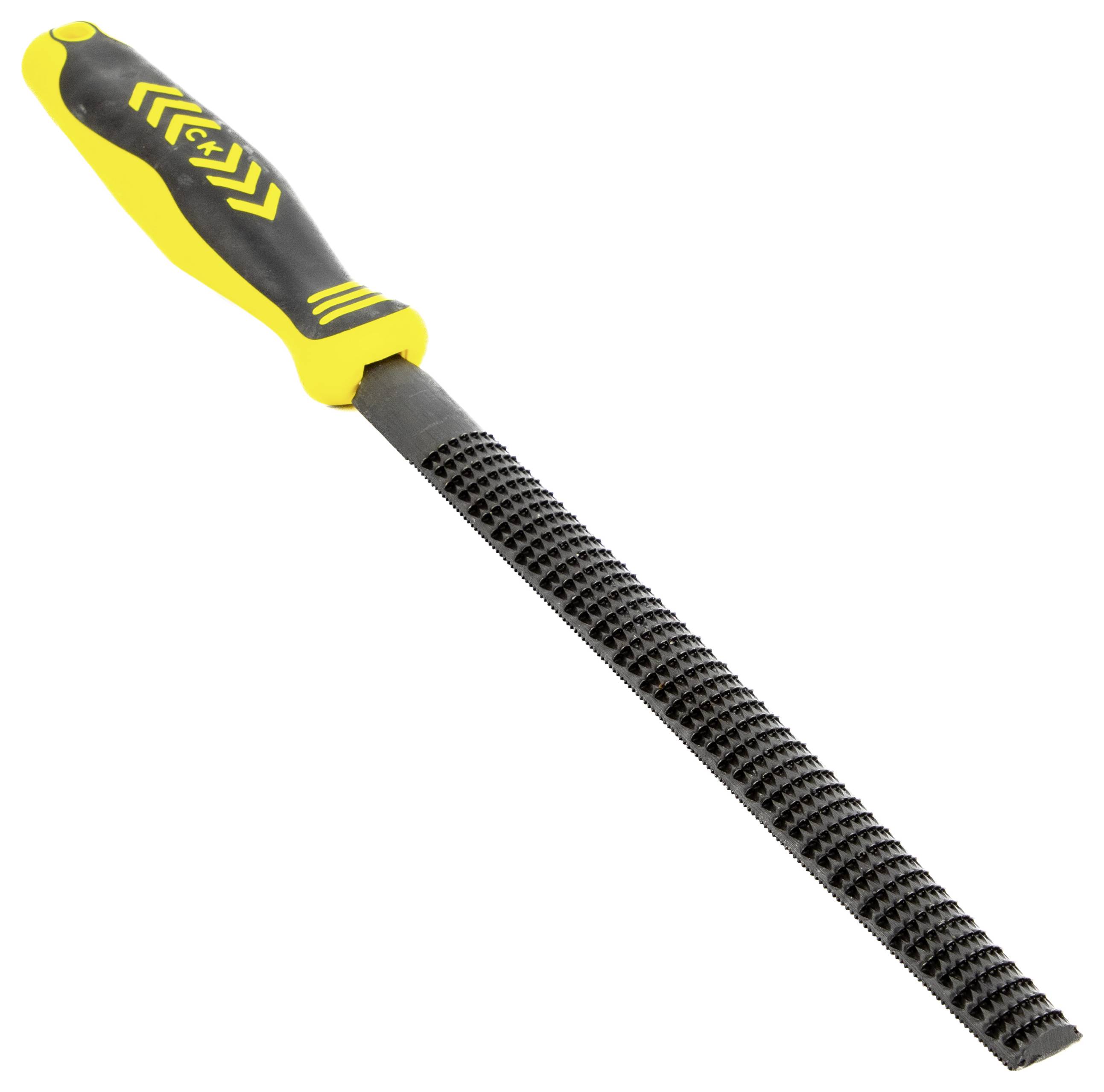 A long, flat file tool with a black and yellow ergonomic handle, designed for shaping and smoothing surfaces.