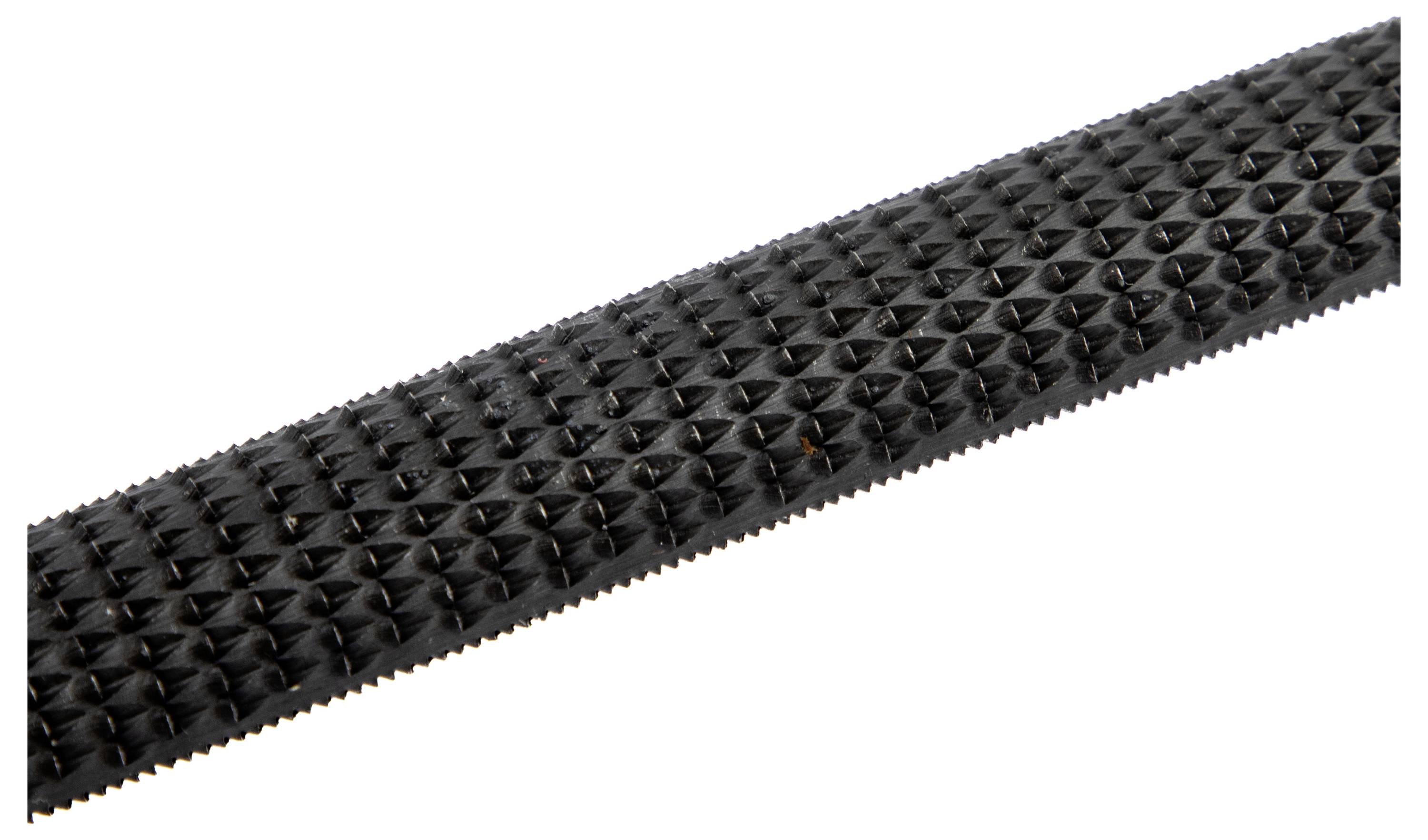 A black, textured, triangular-toothed file used for shaping wood or metal.