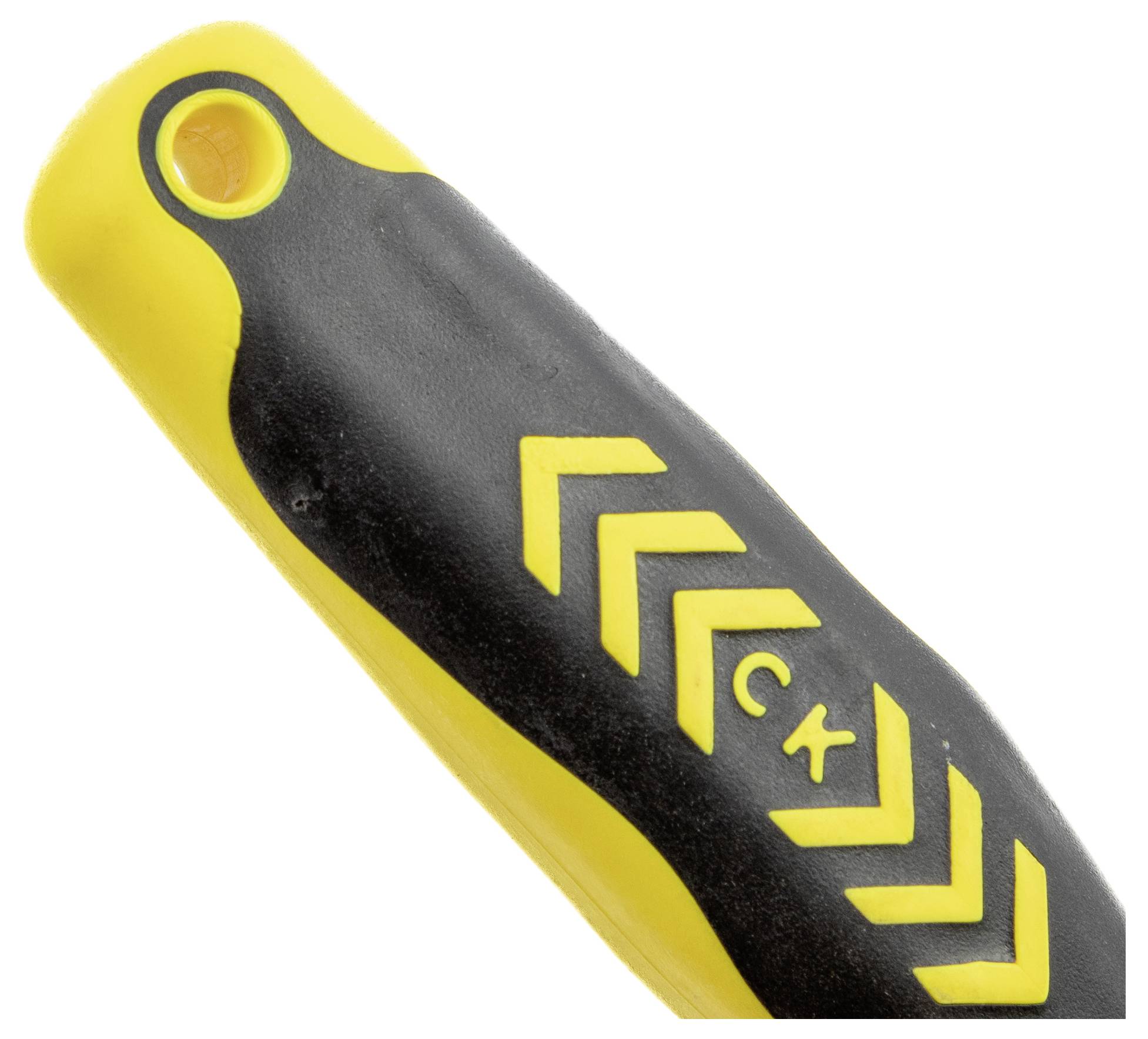 Close-up of a black and yellow tool handle with chevron patterns and 'CK' text, showing the grip design and part of the handle's tip.