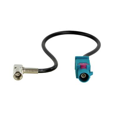 Black coaxial adapter cable with right-angle metal connector on one end and teal/pink push-on connector on the other, isolated on white background