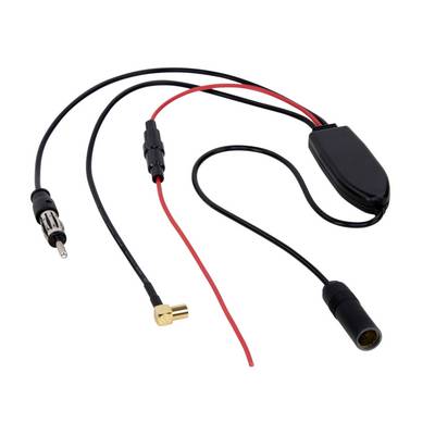 A car power adapter cable with a cigarette-lighter plug, inline fuse, and two bare wire leads with connectors.