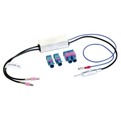 Automotive wiring harness with a metal control module, blue and black cables, connector plugs, and labeled leads on a white background.