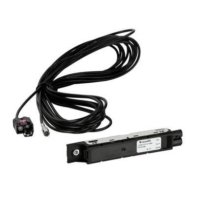 Black coaxial cable with connectors beside a small rectangular automotive electronic module on a white background.