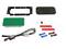 Assorted electronic mounting and wiring kit: black frame, green module, black wireless charging pad, cable harness, zip tie, adhesive strips, and connectors.<br>
