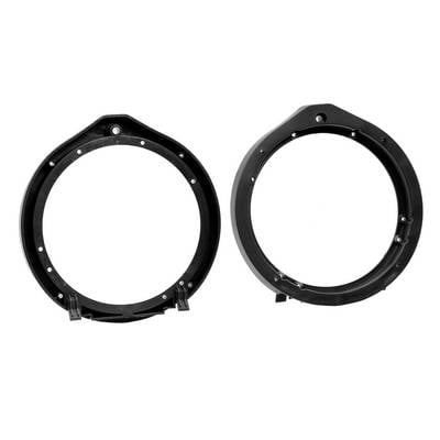 Two black circular plastic mounting rings shown side by side on a white background, each with screw holes and tabs.