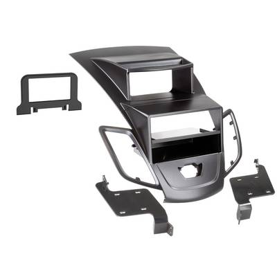 Black plastic dashboard console and trim panels for a vehicle, shown as an exploded parts layout on a white background.