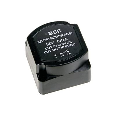 Black BSR battery sensitive relay labeled '12V 140A' with cut-in and cut-out voltage specifications.