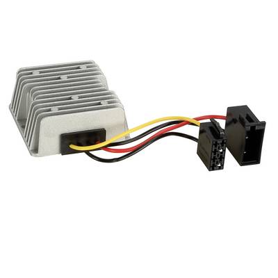 Silver finned electrical component with red, yellow, and black wires ending in two black connectors on a white background
