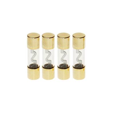 Four glass cartridge fuses with gold-colored metal caps and visible zigzag filaments on a white background.