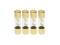 Four glass cartridge fuses with gold-colored metal caps and visible zigzag filaments on a white background.