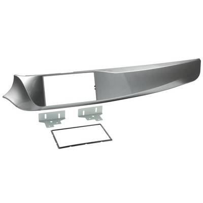 Silver dashboard trim panel with rectangular opening, two mounting brackets, and a separate black trim frame shown below.<br>