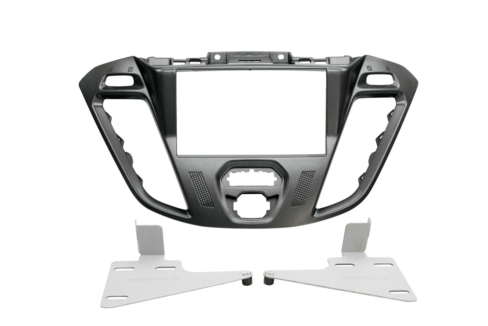 Black car dashboard center console bezel with two silver mounting brackets shown on a white background