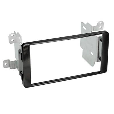 Black rectangular mounting bezel with metal brackets for installing an in-dash car stereo or display<br>
