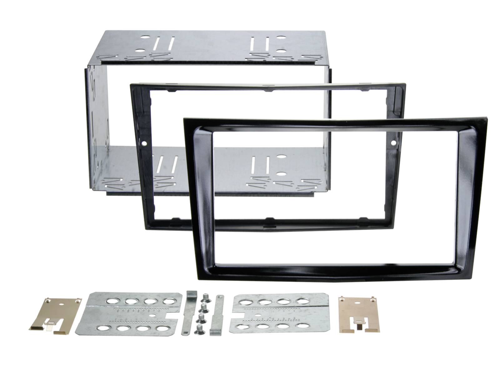 Car stereo installation kit with metal dash brackets, black faceplates, and mounting screws laid out on a white background.