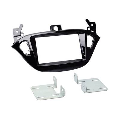 Black car stereo dash kit with mounting brackets and trim bezel, shown with two metal side brackets on a white background.